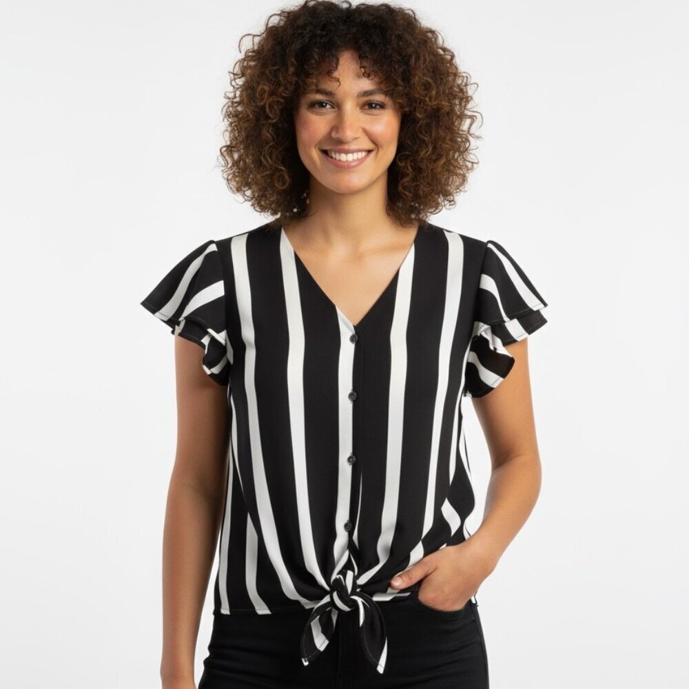 French Twist Black & White Striped Button Front Tie Blouse (M)